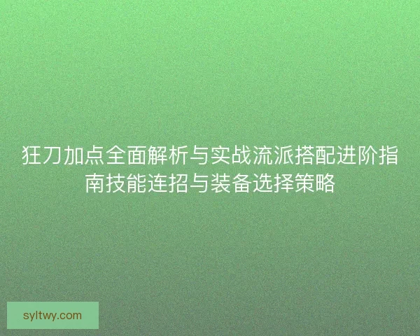 狂刀加点全面解析与实战流派搭配进阶指南技能连招与装备选择策略
